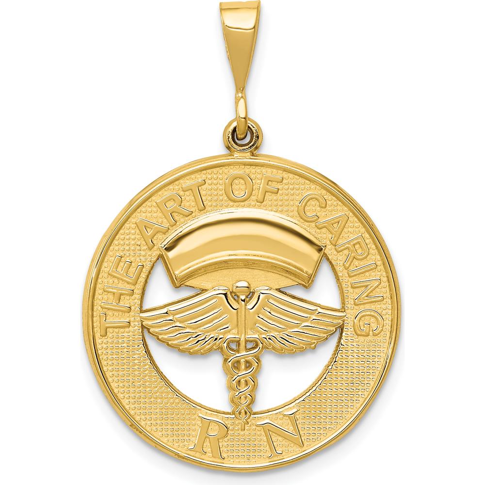 14K Yellow Gold RN "The Art of Caring" Caduceus Pendant - Polished Finish with Textured Back by Oro Pregiato