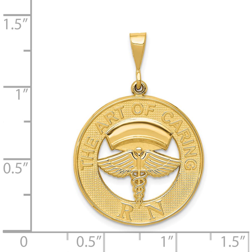 14K Yellow Gold RN "The Art of Caring" Caduceus Pendant - Polished Finish with Textured Back by Oro Pregiato