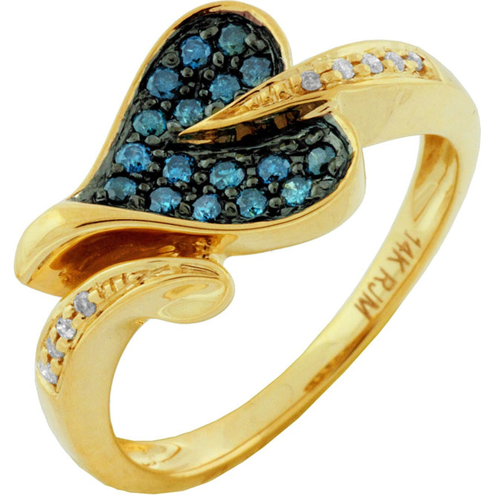 14K Yellow Gold Romantic Heart Ring with Pavé Set Round Blue Diamonds and Accent White Diamonds - 0.20 Carat Blue Diamond Weight and 0.06 Carat White Diamond Weight - Royal Jewelry
