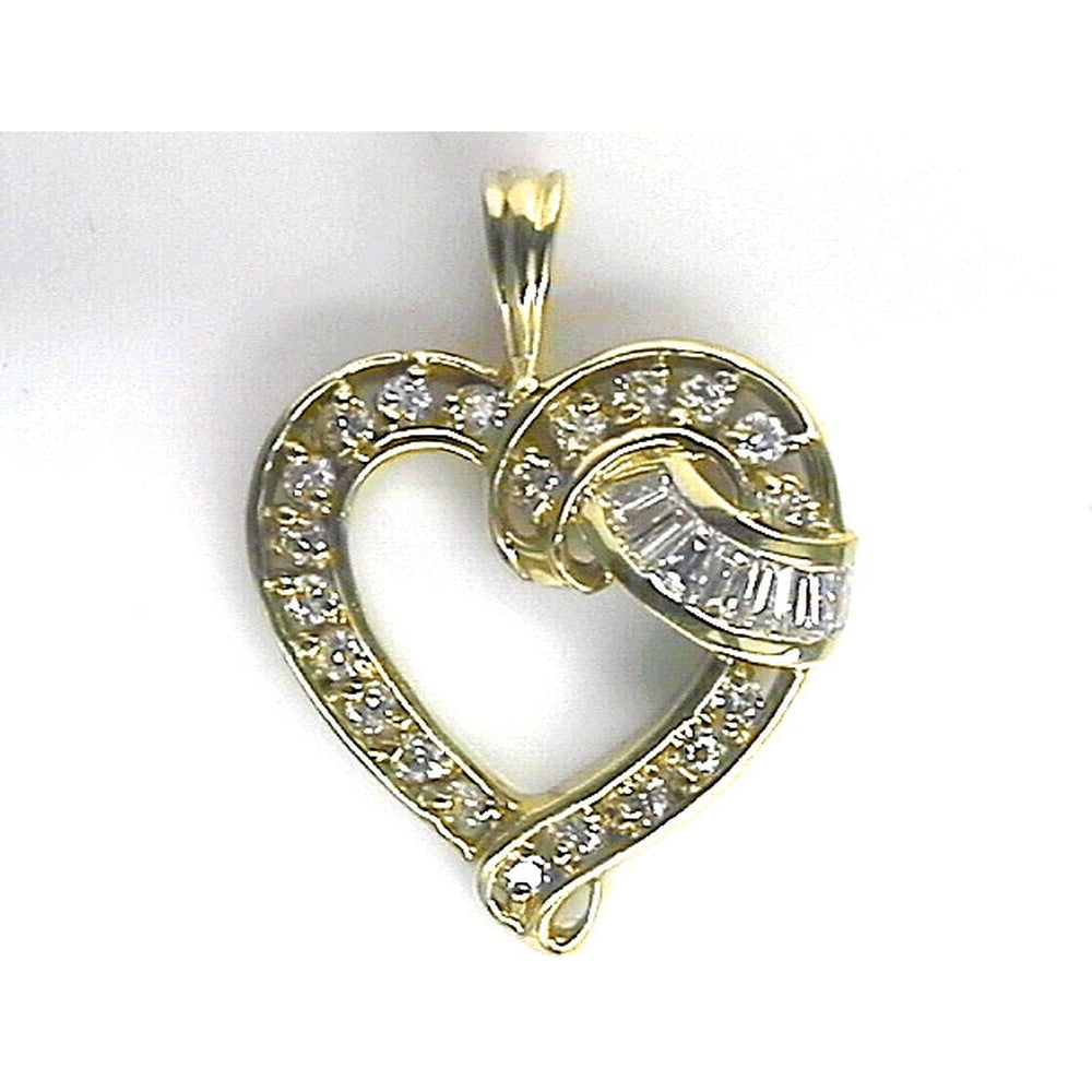 14K Yellow Gold Romantic Open Heart Pendant with Round and Baguette Diamonds - 2.25 Carat Total Diamond Weight - Royal Jewelry