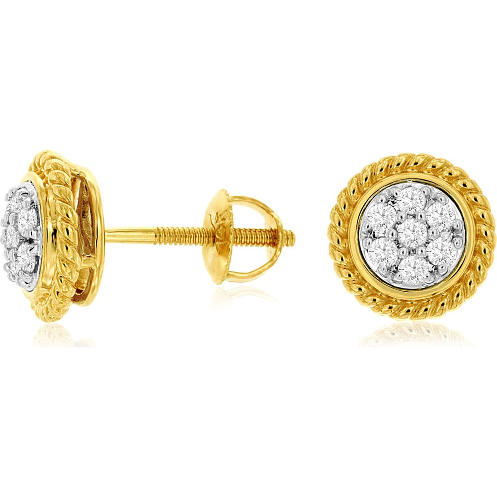 14K Yellow Gold Rope-Edge Cluster Stud Earrings with Round Diamonds - 0.20 Carat Total Diamond Weight - Royal Jewelry