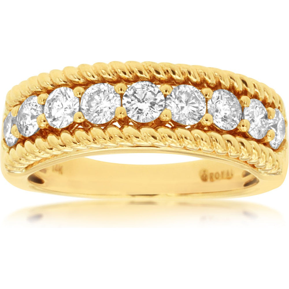 14K Yellow Gold Rope-Edge Wedding Band with Prong-Set Round Diamonds - 1.00 Carat Total Diamond Weight - Royal Jewelry