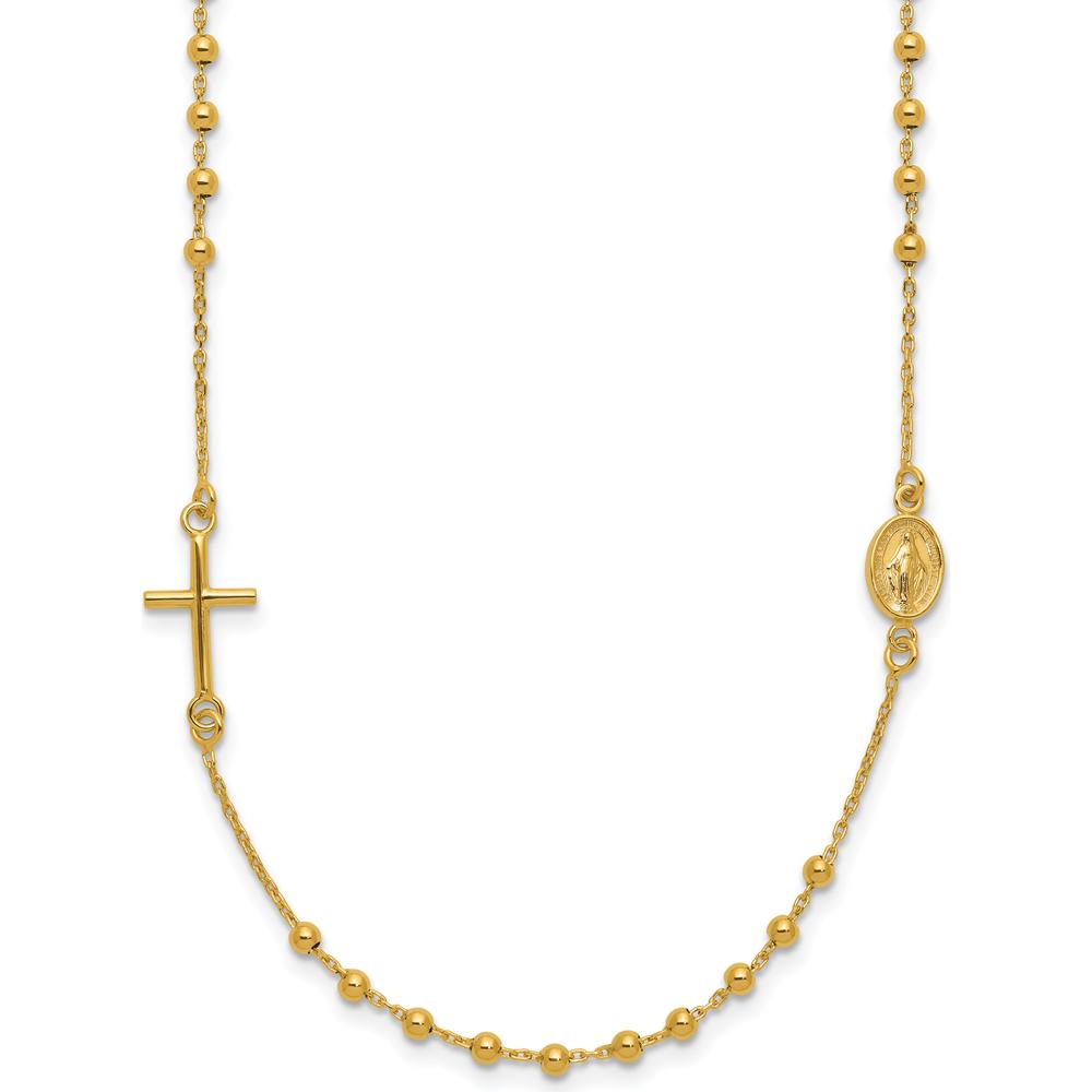 14K Yellow Gold Rosary Necklace with Polished Cross and Miraculous Medal - 16" Chain by 0