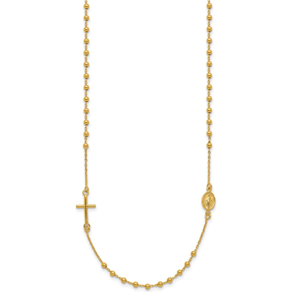 14K Yellow Gold Rosary Necklace with Polished Cross and Miraculous Medal - 16" Chain by 0