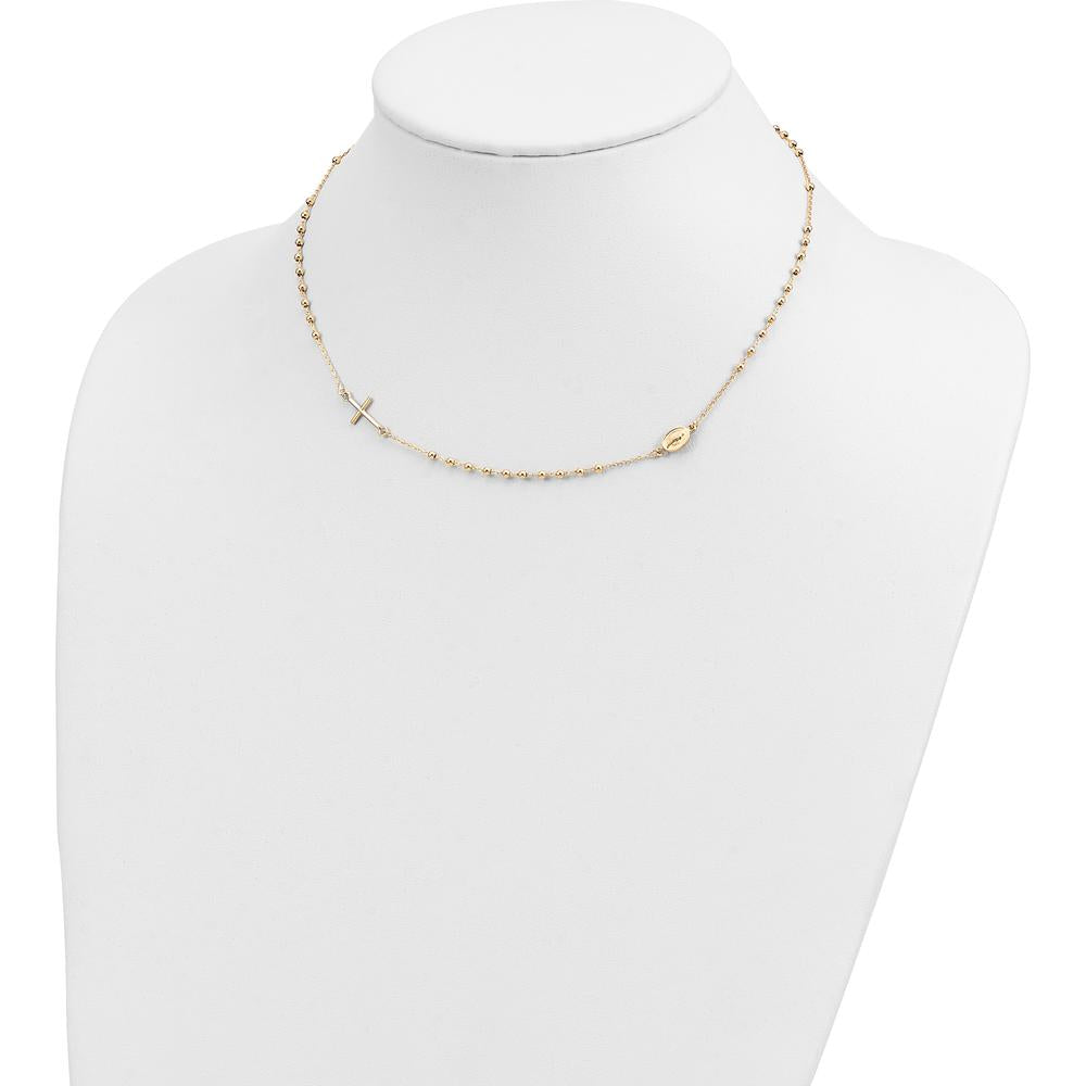 14K Yellow Gold Rosary Necklace with Polished Cross and Miraculous Medal - 16" Chain by 0