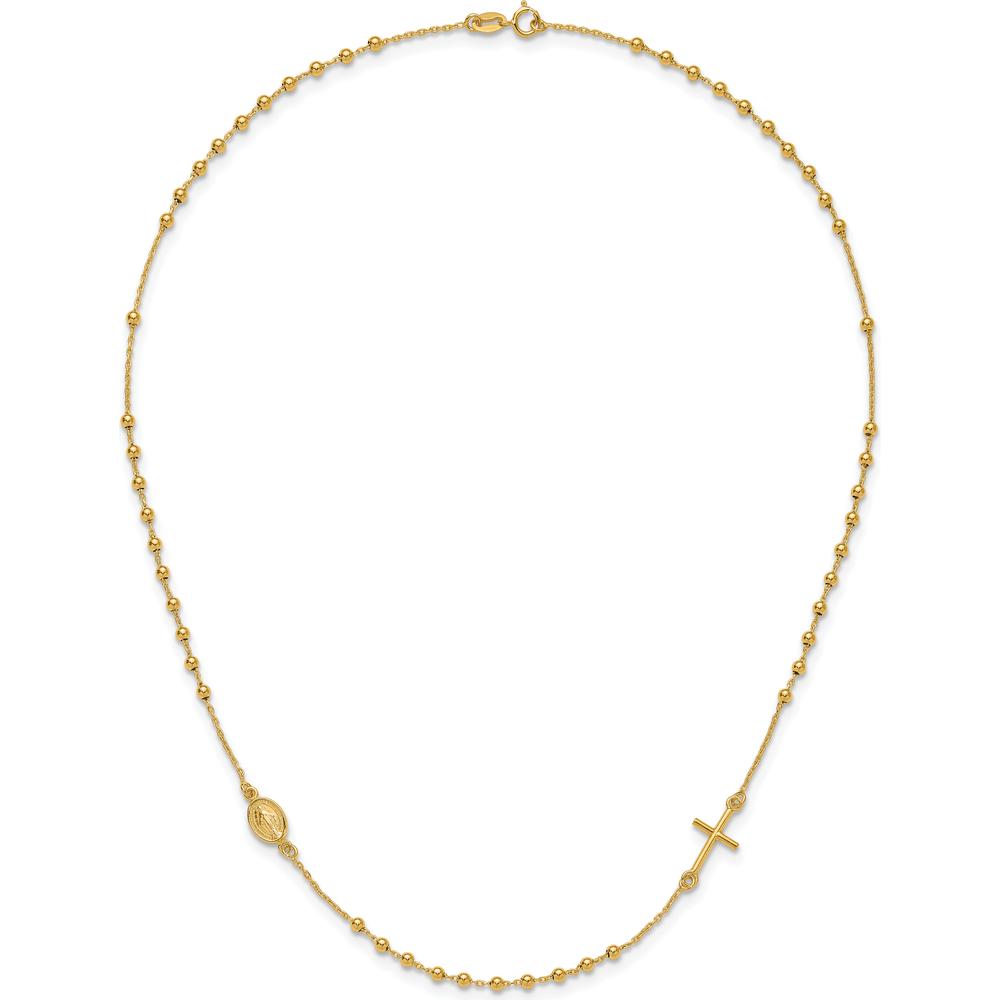 14K Yellow Gold Rosary Necklace with Polished Cross and Miraculous Medal - 16" Chain by 0