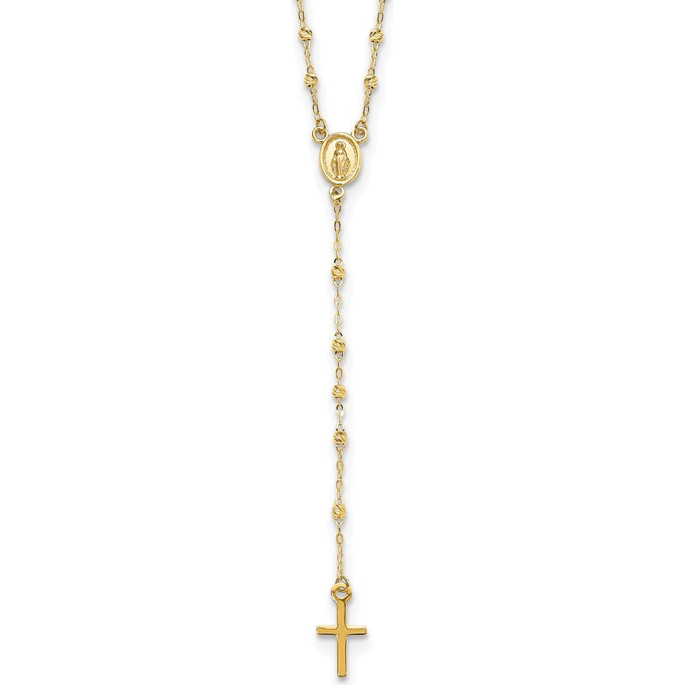 14K Yellow Gold Rosary Necklace with Polished Cross and Miraculous Medal - 17" Chain with 3" Extender by 0