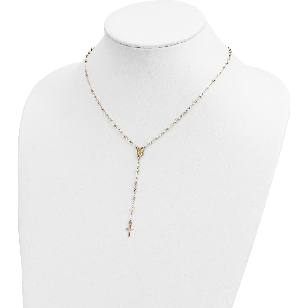14K Yellow Gold Rosary Necklace with Polished Cross and Miraculous Medal - 17" Chain with 3" Extender by 0