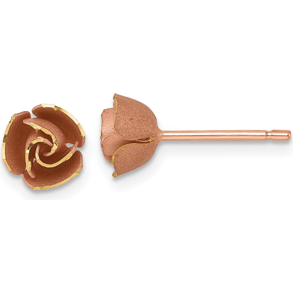 14K Yellow Gold Rose-Tone Rhodium Brushed Rose Flower Post Earrings by 0
