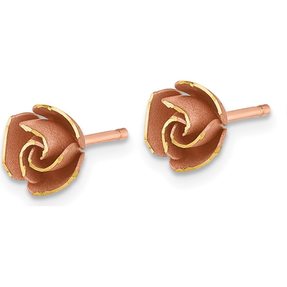 14K Yellow Gold Rose-Tone Rhodium Brushed Rose Flower Post Earrings by 0