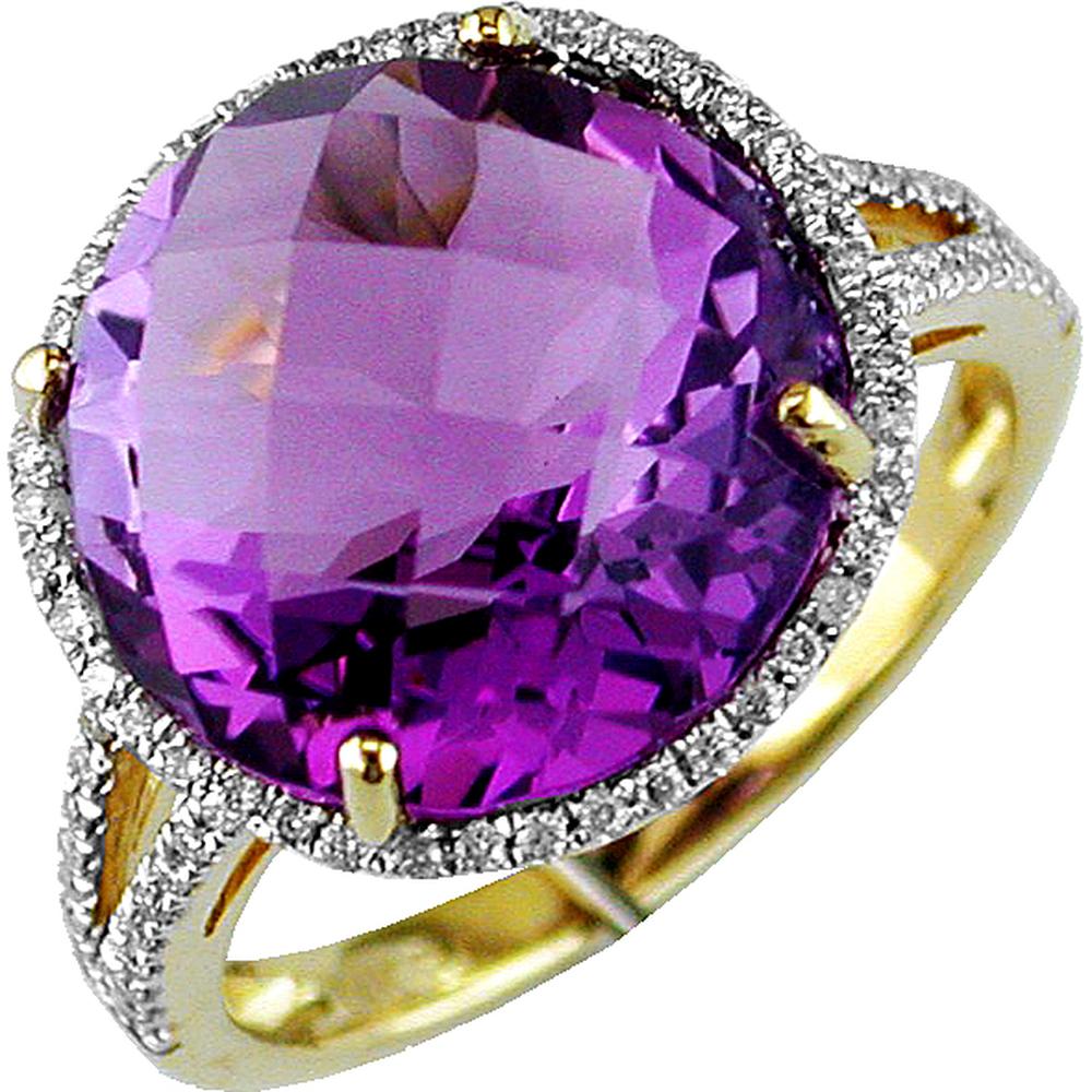 14K Yellow Gold Round Amethyst and Diamond Halo Ring – 9.80 Carat Amethyst with 0.22 Carat Total Diamond Weight - Royal Jewelry