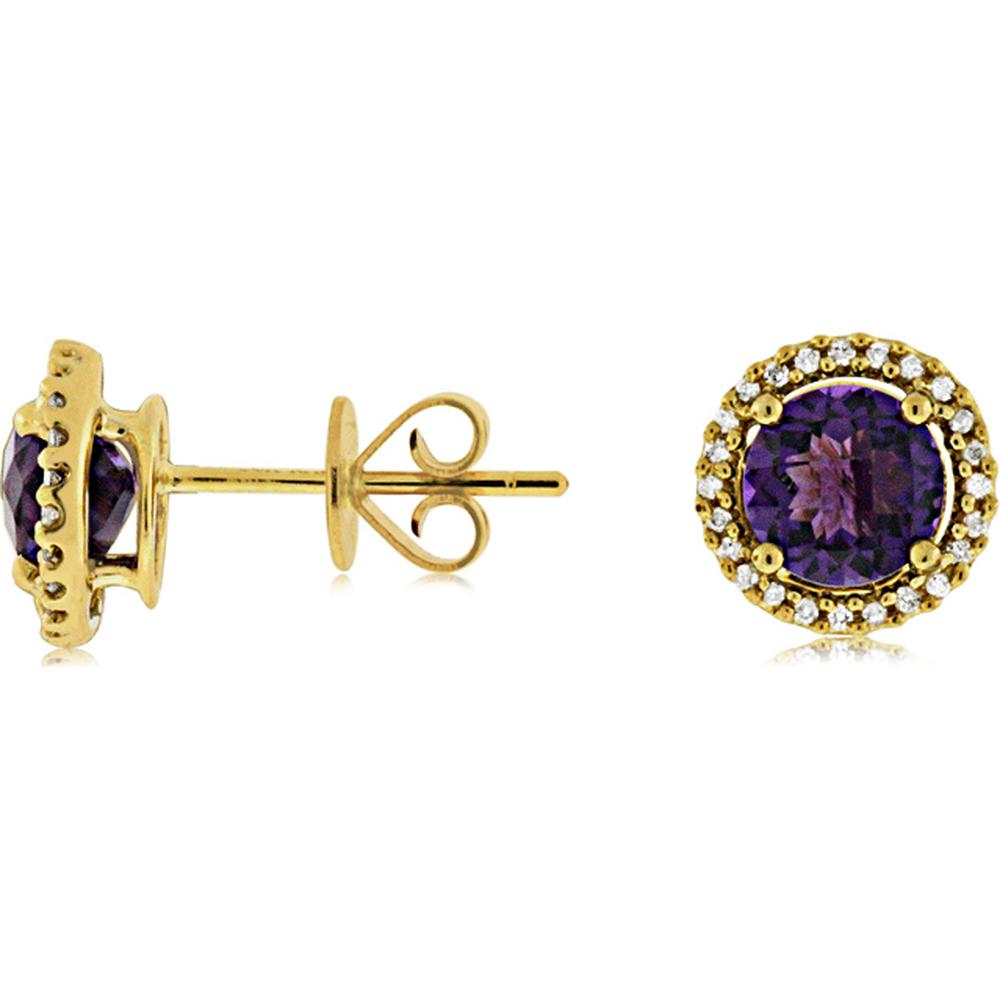 14K Yellow Gold Round Amethyst and Diamond Halo Stud Earrings - 1.90 Carat Total Amethyst Weight and 0.15 Carat Total Diamond Weight - Royal Jewelry
