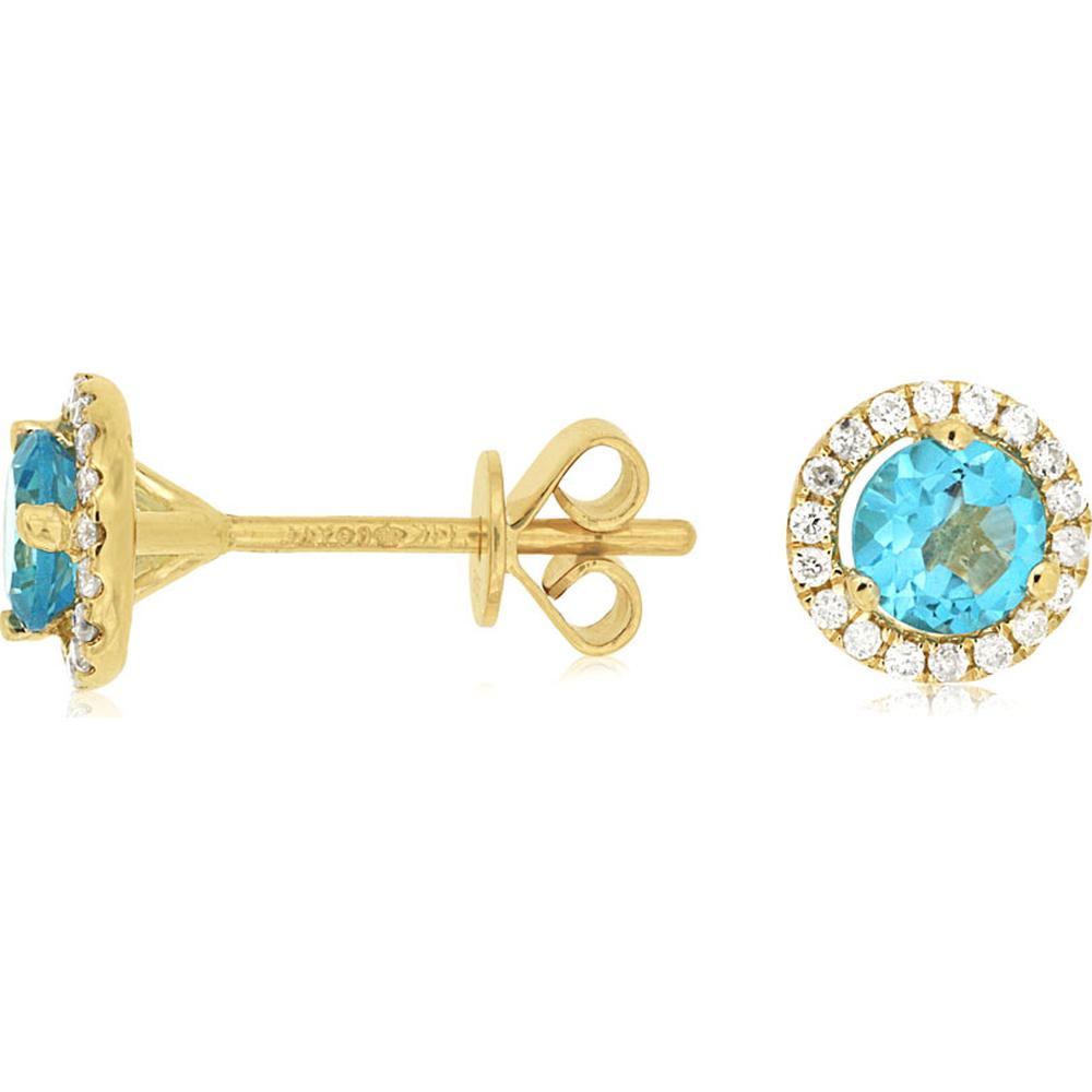 14K Yellow Gold Round Blue Topaz and Diamond Halo Stud Earrings - 0.85 Carat Total Blue Topaz Weight & 0.14 Carat Total Diamond Weight - Royal Jewelry