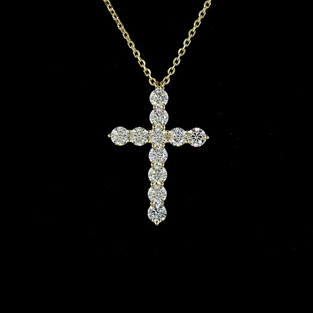 14K Yellow Gold Round Brilliant Cross Pendant with 11 E-F VS Lab Diamonds - 0.97 Carat Total Diamond Weight - Covaloro Fine Jewelry