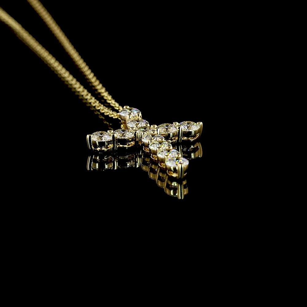 14K Yellow Gold Round Brilliant Cross Pendant with 11 E-F VS Lab Diamonds - 0.97 Carat Total Diamond Weight - Covaloro Fine Jewelry