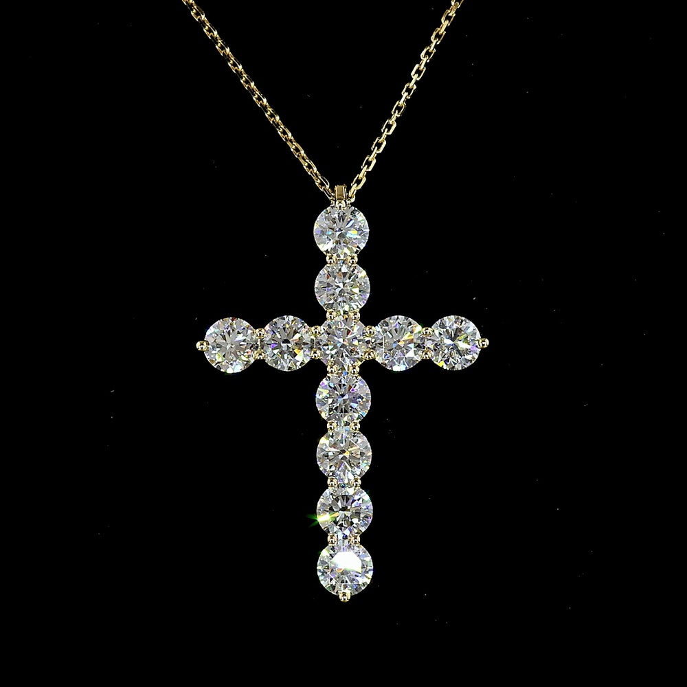 14K Yellow Gold Round Brilliant Cut Lab Diamond Cross Pendant - 2.94 Carat Total Weight with 11 E-F VS1 Stones - Covaloro Fine Jewelry