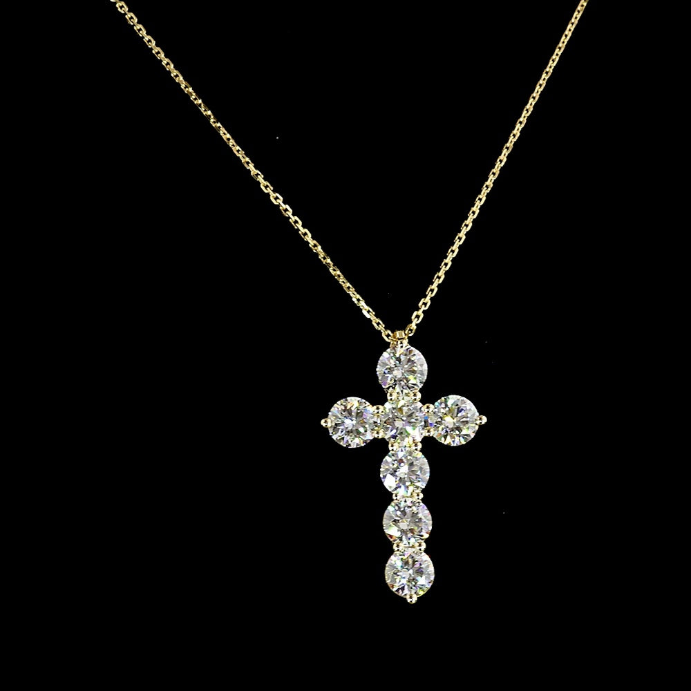 14K Yellow Gold Round Brilliant Cut Lab Diamond Cross Pendant - 3.59 Carat Total Weight, E-F Color VS1 Clarity - Covaloro Fine Jewelry