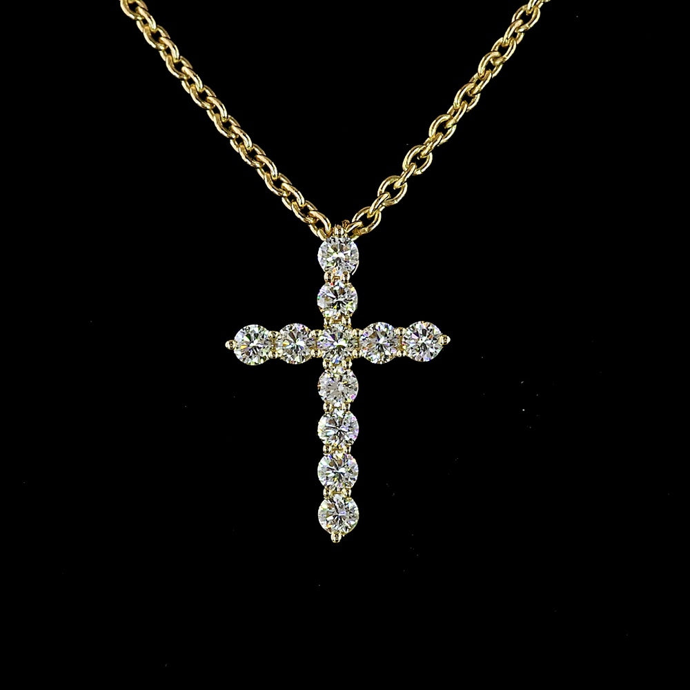 14K Yellow Gold Round Brilliant Cut Lab Diamond Cross Pendant with E-F VS1 Clarity - 0.65 Carat Total Diamond Weight - Covaloro Fine Jewelry
