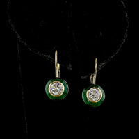 14K Yellow Gold Round Brilliant Cut Lab Diamond Halo Hanging Earrings with Bezel Setting and Green Enamel Accents - 1.01 Carat Total Diamond Weight - Covaloro Fine Jewelry