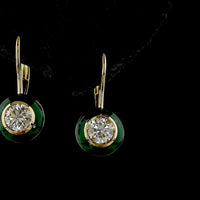 14K Yellow Gold Round Brilliant Cut Lab Diamond Halo Hanging Earrings with Bezel Setting and Green Enamel Accents - 1.01 Carat Total Diamond Weight - Covaloro Fine Jewelry
