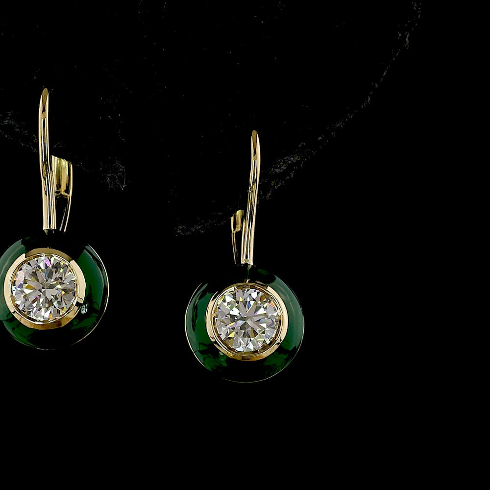14K Yellow Gold Round Brilliant Cut Lab Diamond Halo Hanging Earrings with Bezel Setting and Green Enamel Accents - 1.01 Carat Total Diamond Weight - Covaloro Fine Jewelry