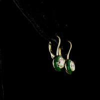 14K Yellow Gold Round Brilliant Cut Lab Diamond Halo Hanging Earrings with Bezel Setting and Green Enamel Accents - 1.01 Carat Total Diamond Weight - Covaloro Fine Jewelry