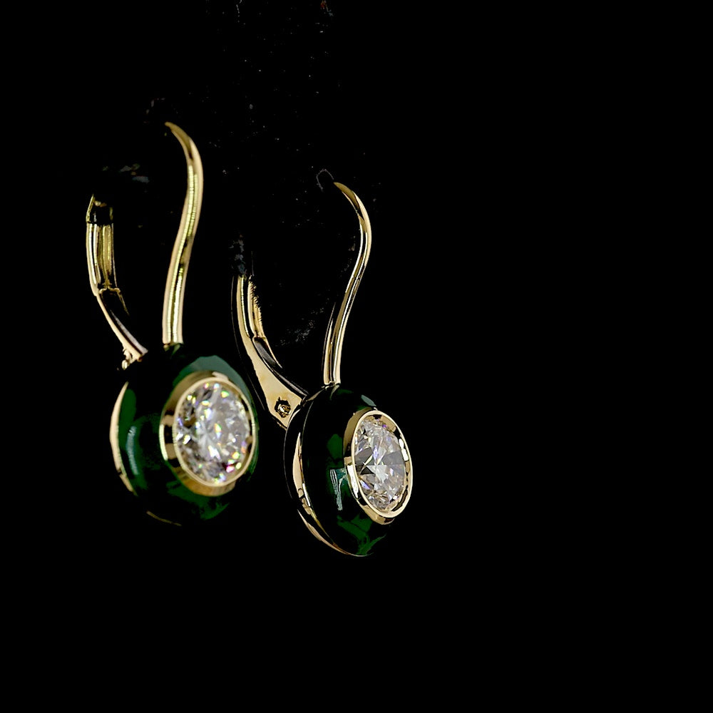 14K Yellow Gold Round Brilliant Cut Lab Diamond Halo Hanging Earrings with Bezel Setting and Green Enamel Accents - 1.01 Carat Total Diamond Weight - Covaloro Fine Jewelry