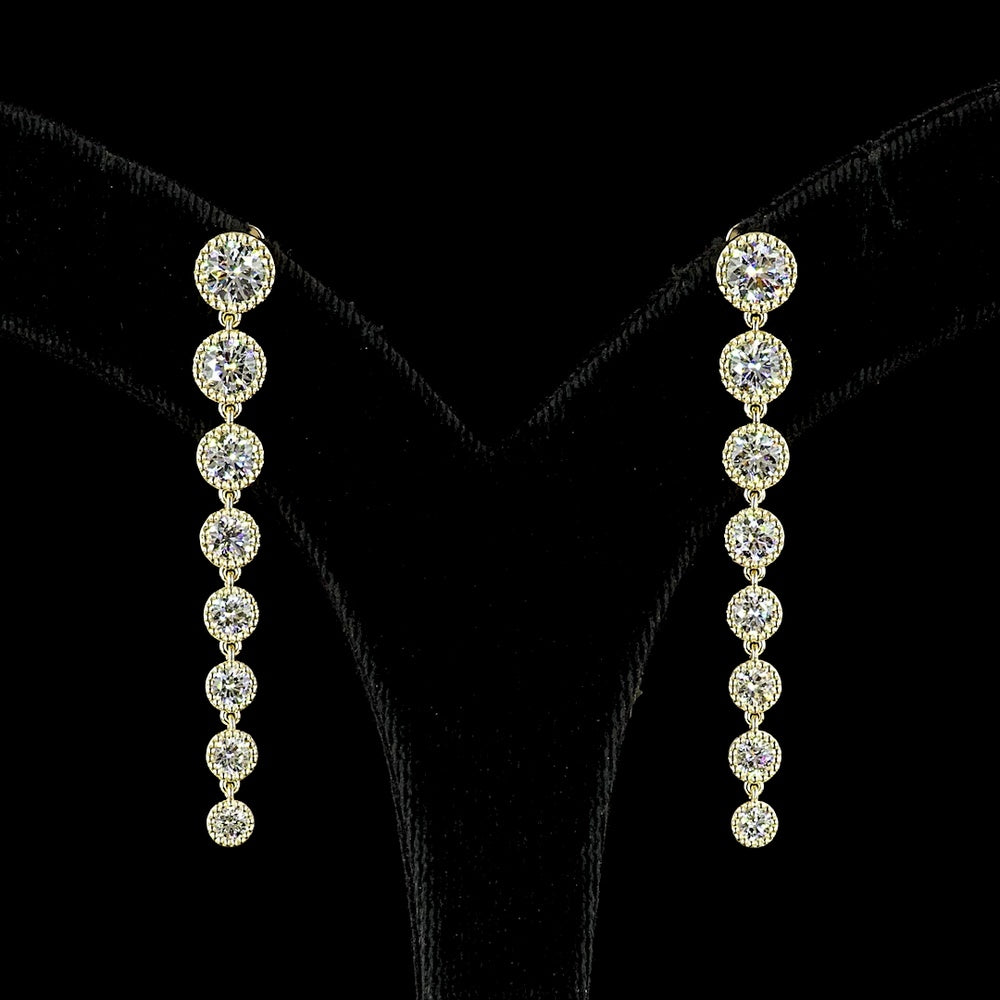 14K Yellow Gold Round Brilliant Cut Lab Diamond Hanging Drop Earrings in Bezel Settings - 3.51 Carats Total Diamond Weight - Covaloro Fine Jewelry
