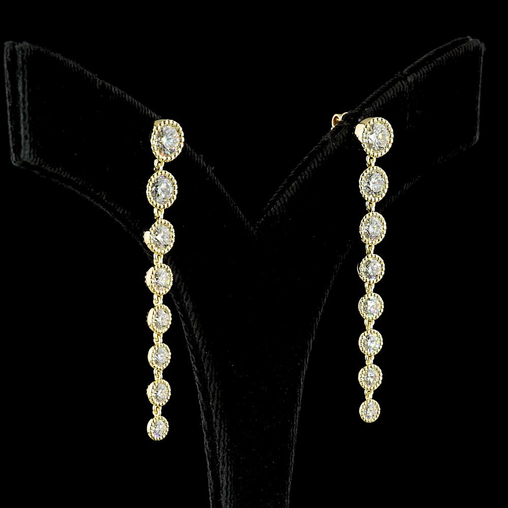 14K Yellow Gold Round Brilliant Cut Lab Diamond Hanging Drop Earrings in Bezel Settings - 3.51 Carats Total Diamond Weight - Covaloro Fine Jewelry