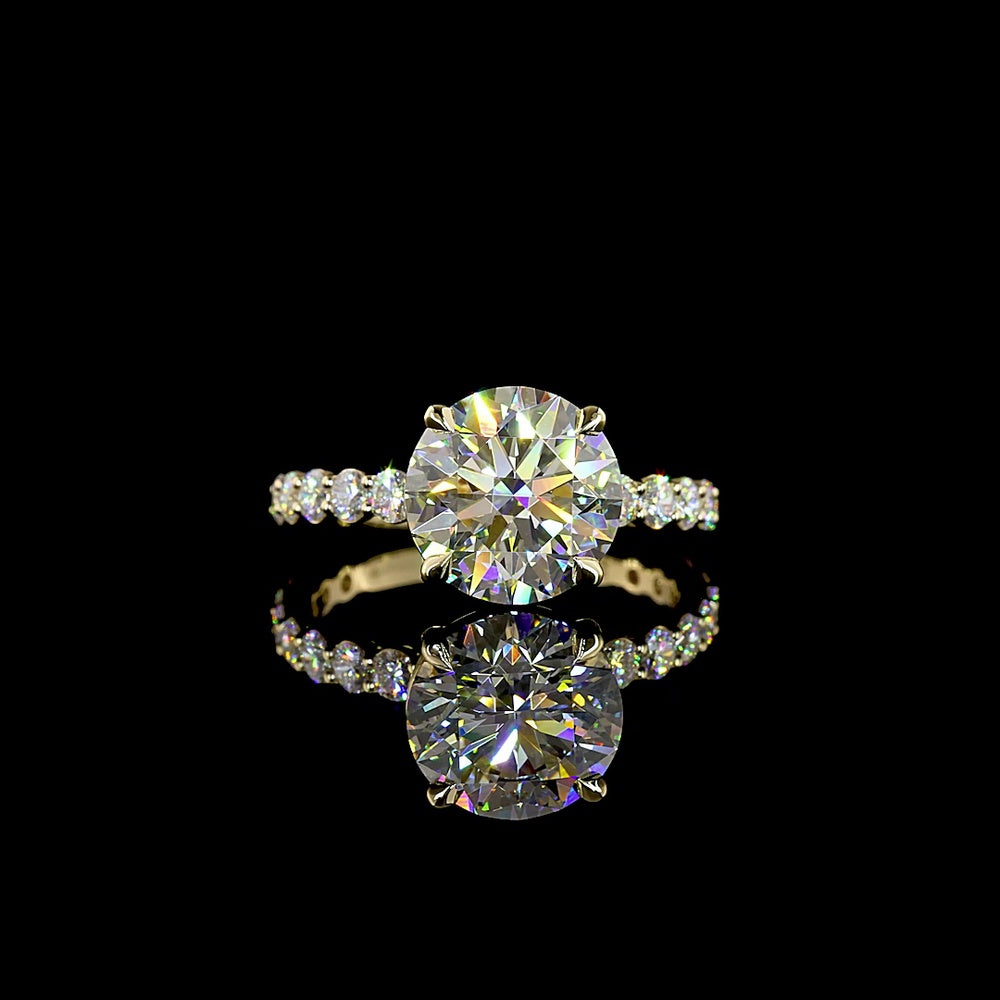 14K Yellow Gold Round Brilliant Cut Lab Diamond Solitaire Shank Ring with 0.89 Carat Accent Diamonds - 3.52 Carat Center Stone, 4.41 Carat Total Weight, E-F VS1 Clarity - Covaloro Fine Jewelry