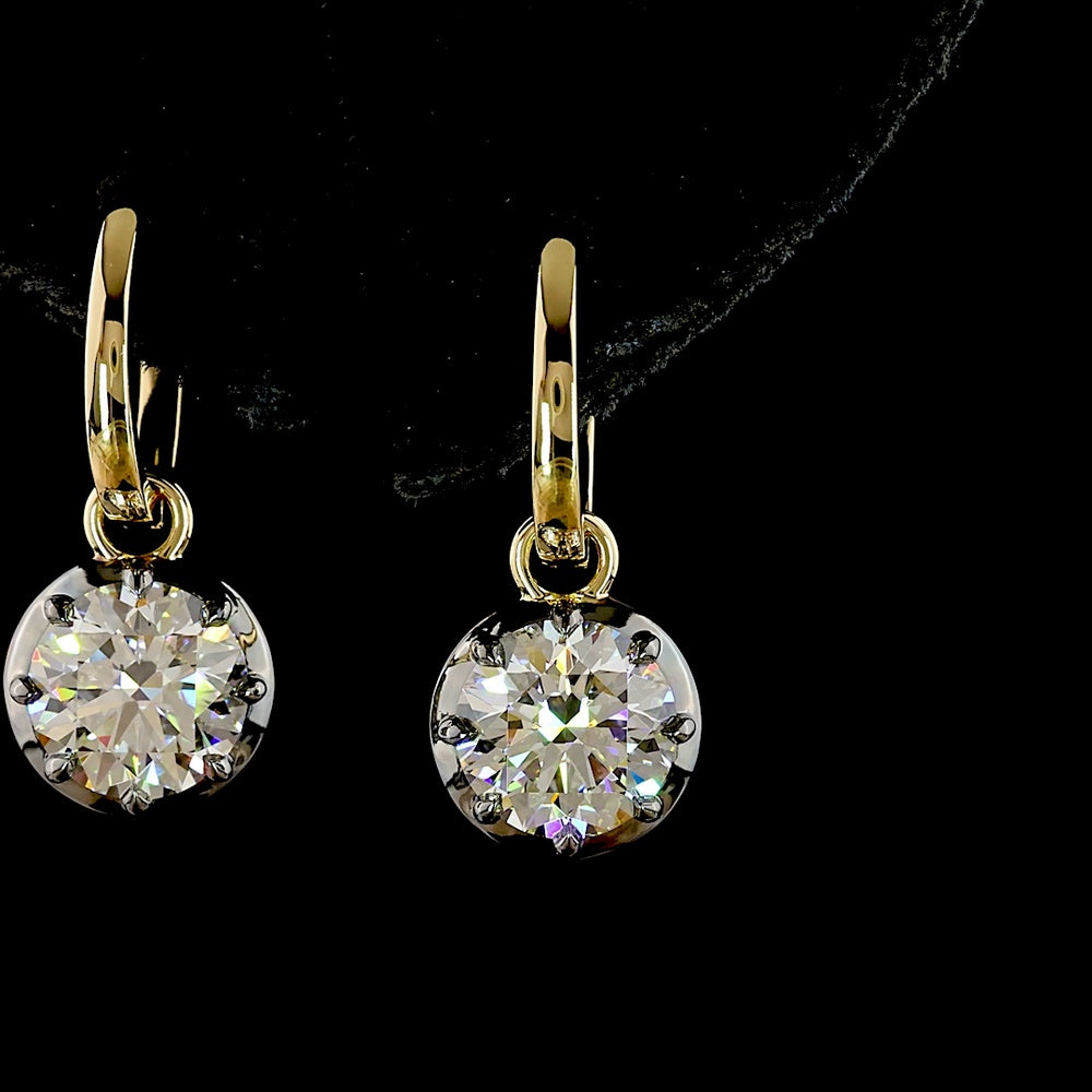 14K Yellow Gold Round Brilliant Lab Diamond Hanging Earrings with Black Rhodium Accents - 3.07 Carat Total Weight - Covaloro Fine Jewelry
