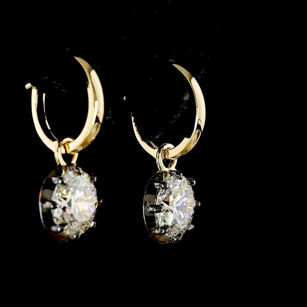14K Yellow Gold Round Brilliant Lab Diamond Hanging Earrings with Black Rhodium Accents - 3.07 Carat Total Weight - Covaloro Fine Jewelry