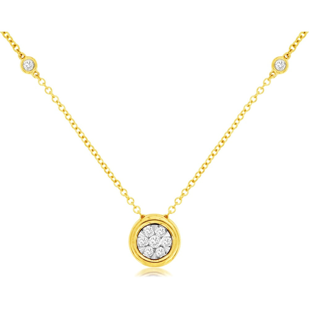 14K Yellow Gold Round Cluster Diamond Pendant Necklace with Bezel-Set Station Accents - 0.25 Carat Total Diamond Weight - Royal Jewelry