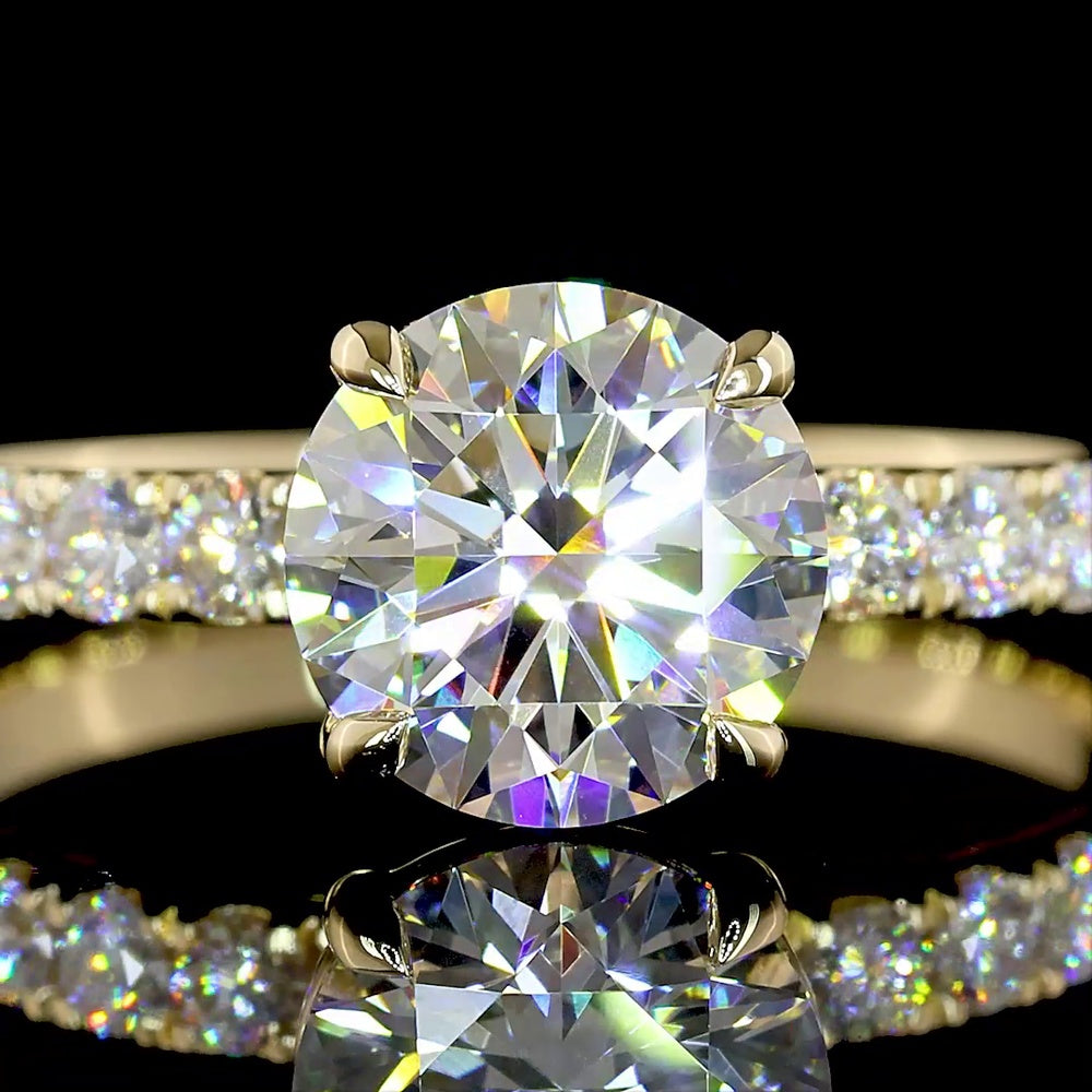 14K Yellow Gold Round Cut Solitaire Ring with Diamond Accented Shank - 1.50 Carats Center Lab Diamond (E VVS2) & 0.48 Carats Accent Lab Diamonds - 1.98 Carats Total Diamond Weight - Covaloro Fine Jewelry