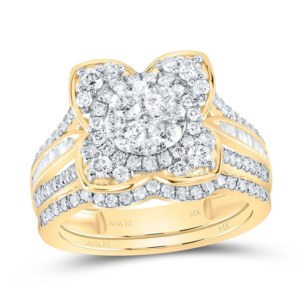 14K Yellow Gold Round Diamond Bridal Ring Set - 1 1/3 Carat Total Diamond Weight