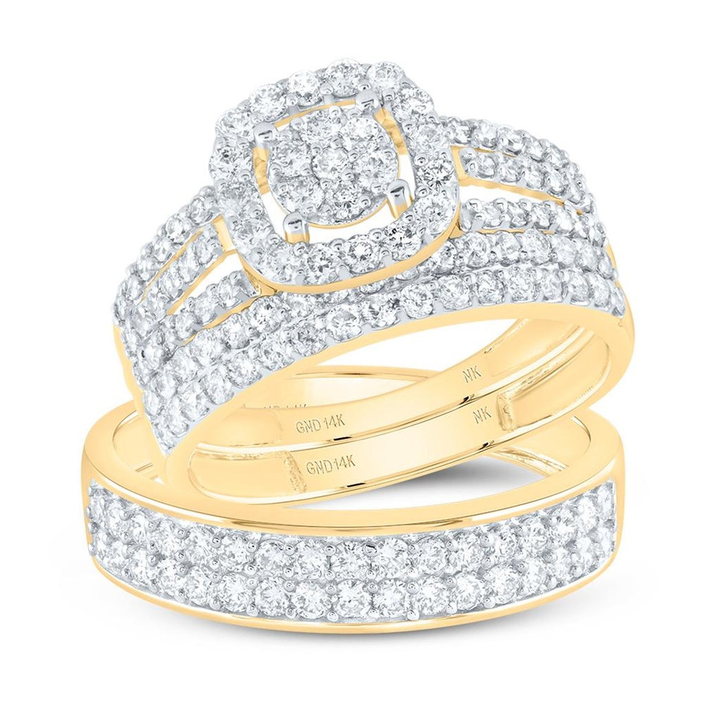 14K Yellow Gold Round Diamond Bridal Ring Set - 1 and 3/4 Carat Total Diamond Weight