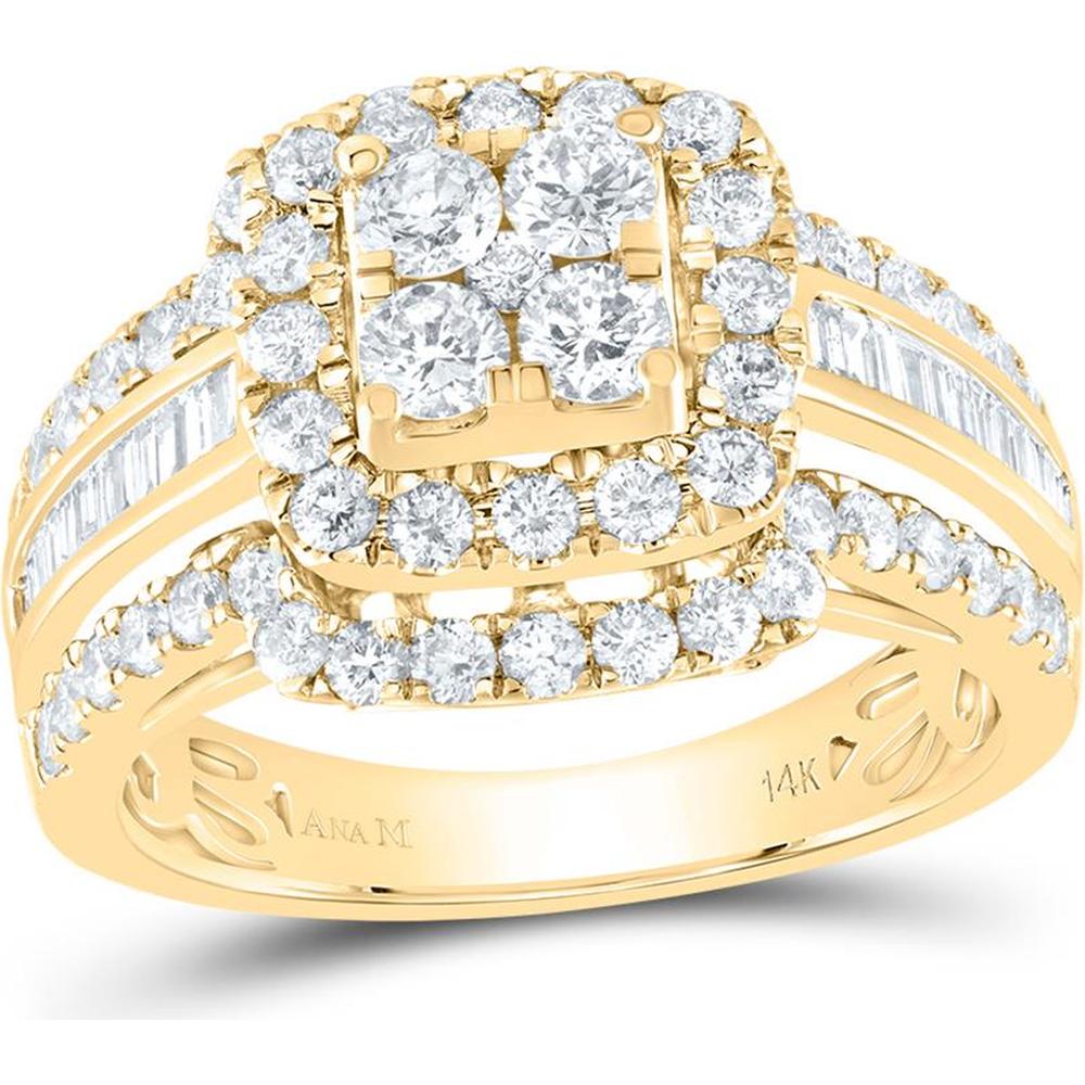14K Yellow Gold Round Diamond Bridal Wedding Ring Set with Halo and Baguette Accents - 1.69 Carat Total Diamond Weight