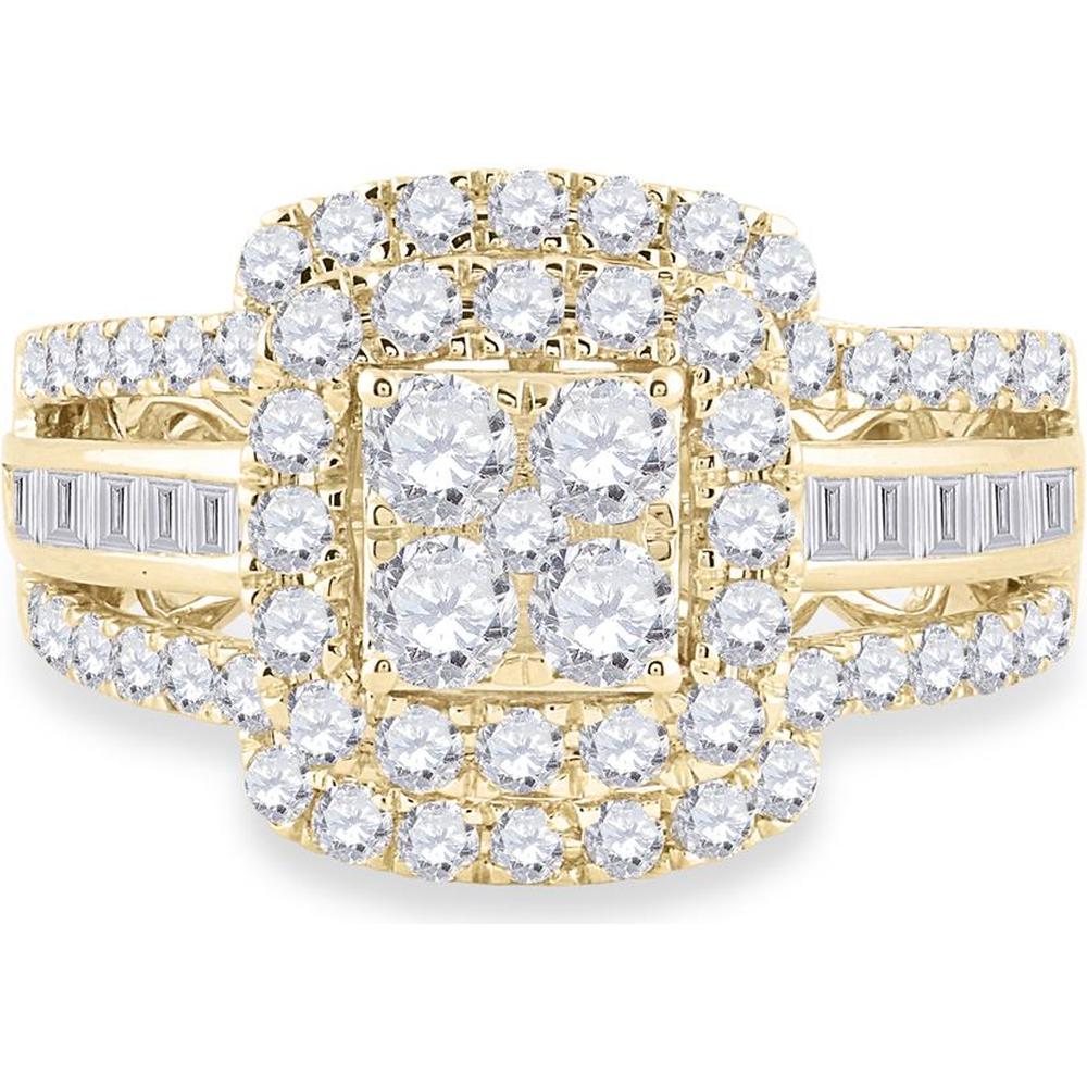 14K Yellow Gold Round Diamond Bridal Wedding Ring Set with Halo and Baguette Accents - 1.69 Carat Total Diamond Weight