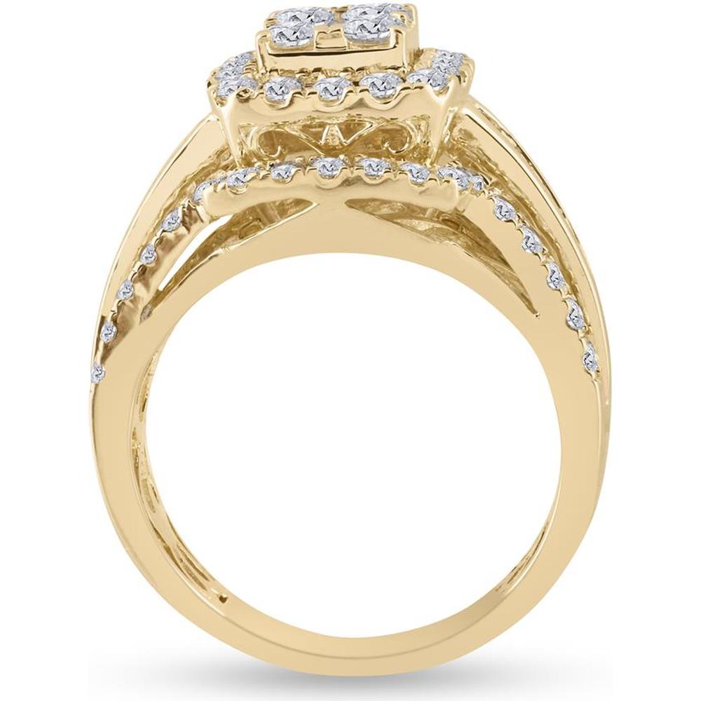 14K Yellow Gold Round Diamond Bridal Wedding Ring Set with Halo and Baguette Accents - 1.69 Carat Total Diamond Weight