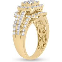14K Yellow Gold Round Diamond Bridal Wedding Ring Set with Halo and Baguette Accents - 1.69 Carat Total Diamond Weight