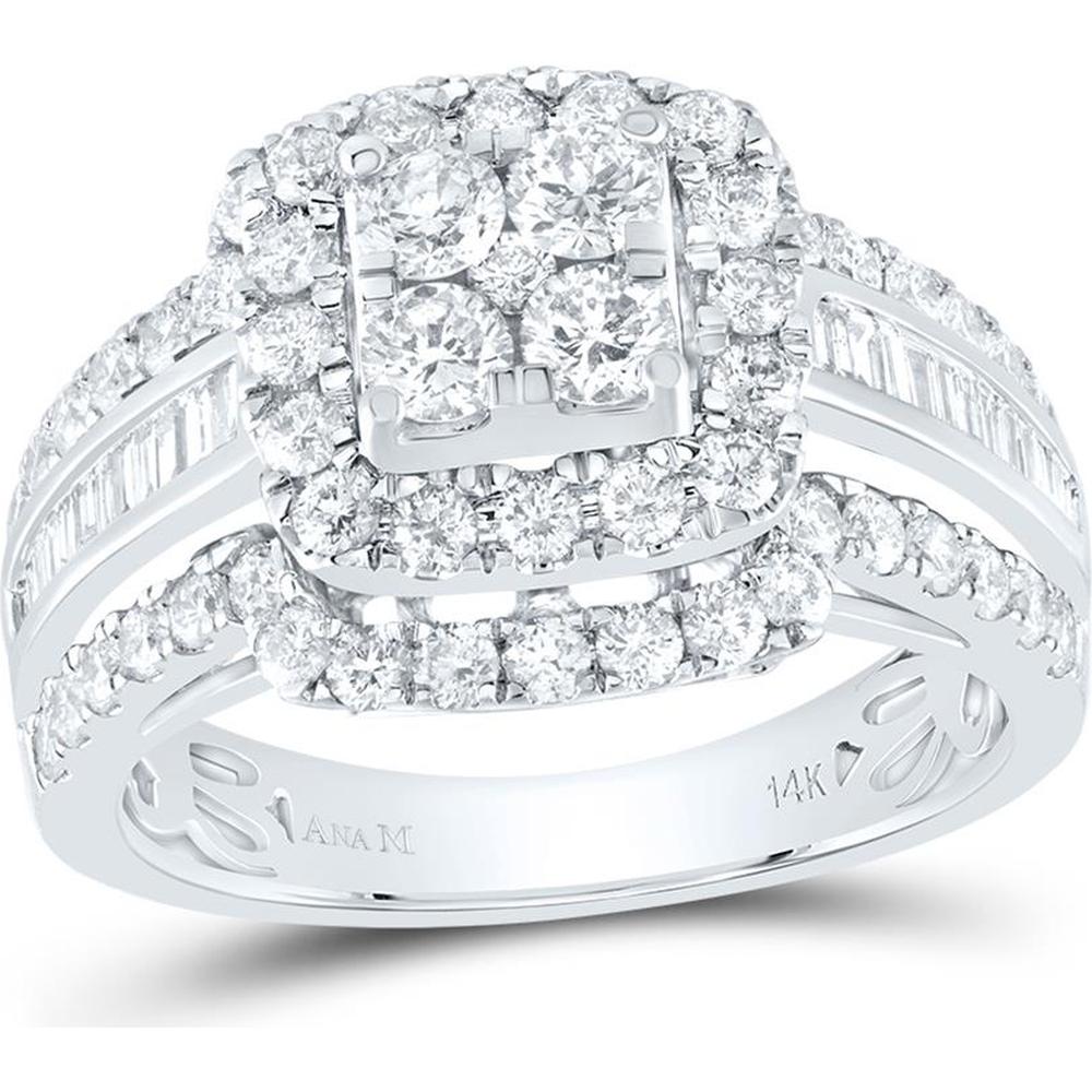 14K Yellow Gold Round Diamond Bridal Wedding Ring Set with Halo and Baguette Accents - 1.69 Carat Total Diamond Weight