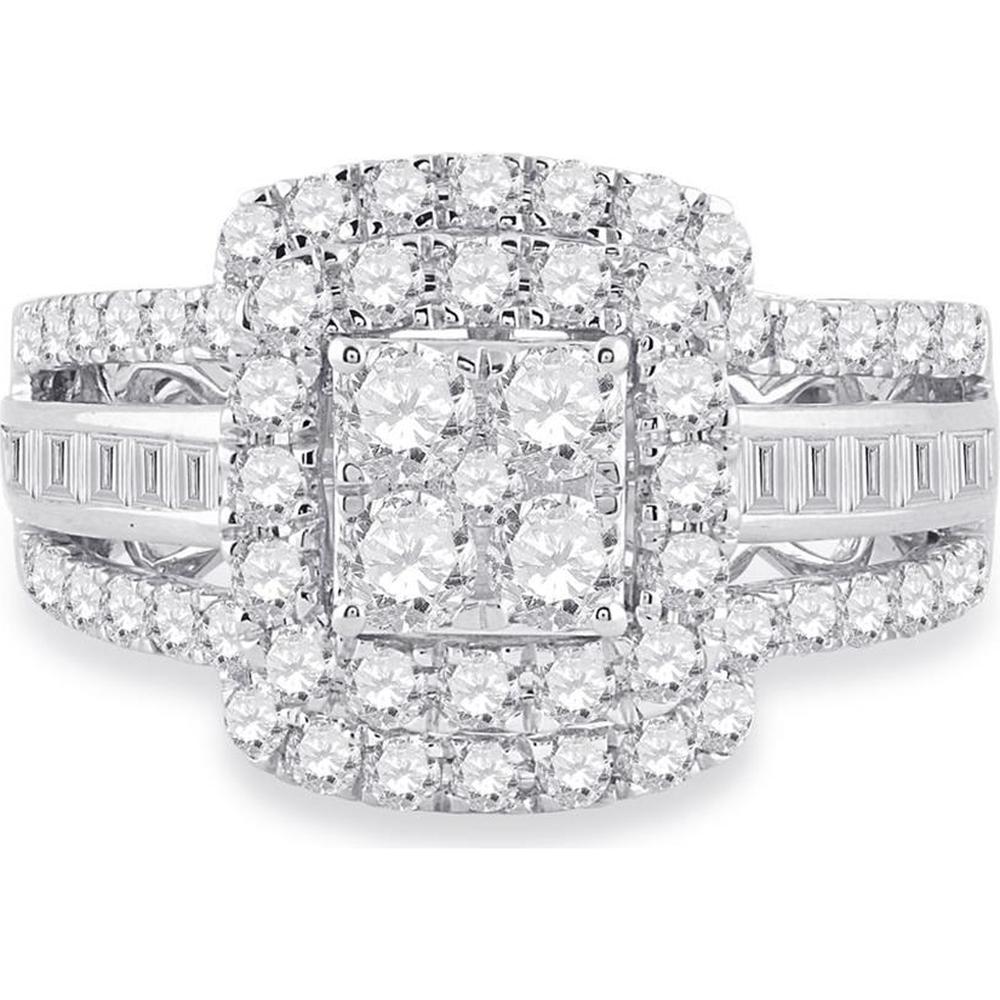 14K Yellow Gold Round Diamond Bridal Wedding Ring Set with Halo and Baguette Accents - 1.69 Carat Total Diamond Weight