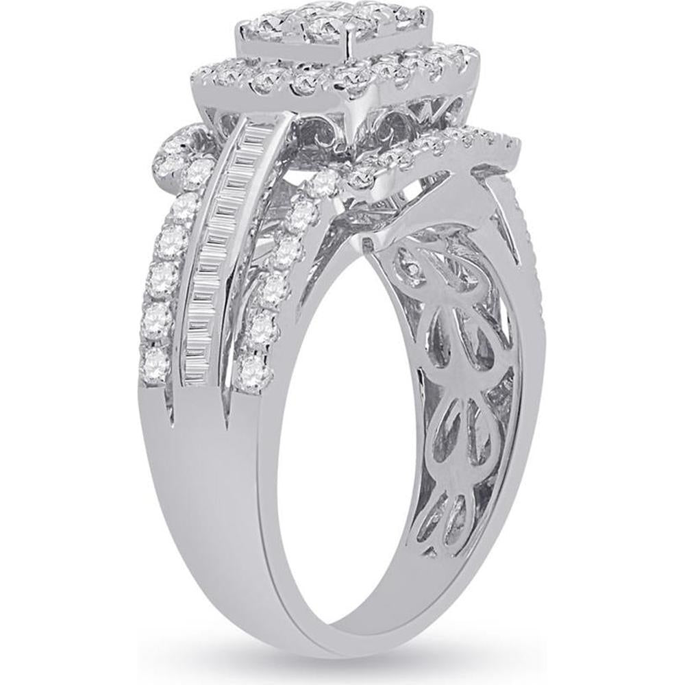 14K Yellow Gold Round Diamond Bridal Wedding Ring Set with Halo and Baguette Accents - 1.69 Carat Total Diamond Weight
