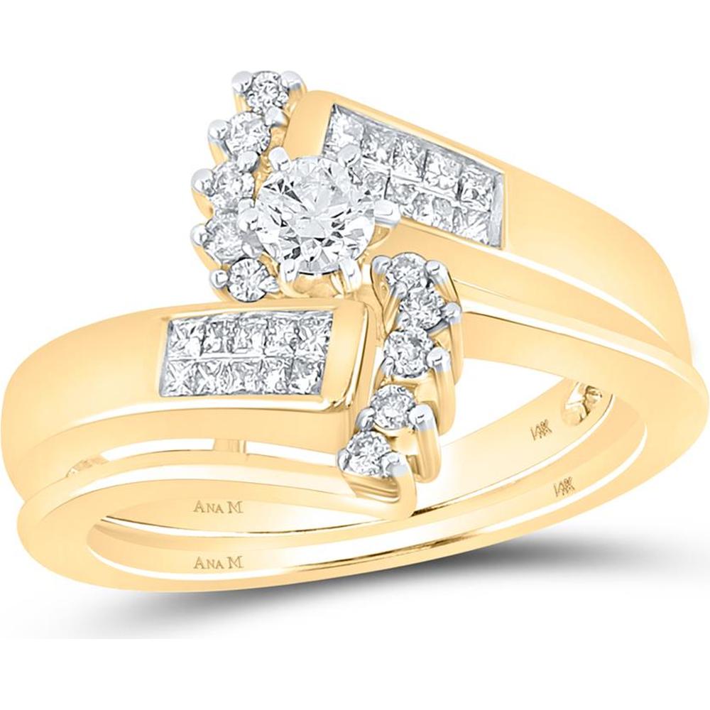 14K Yellow Gold Round Diamond Bridal Wedding Ring Set with Pave and Princess Cut Diamonds - 1/2 Carat Total Diamond Weight