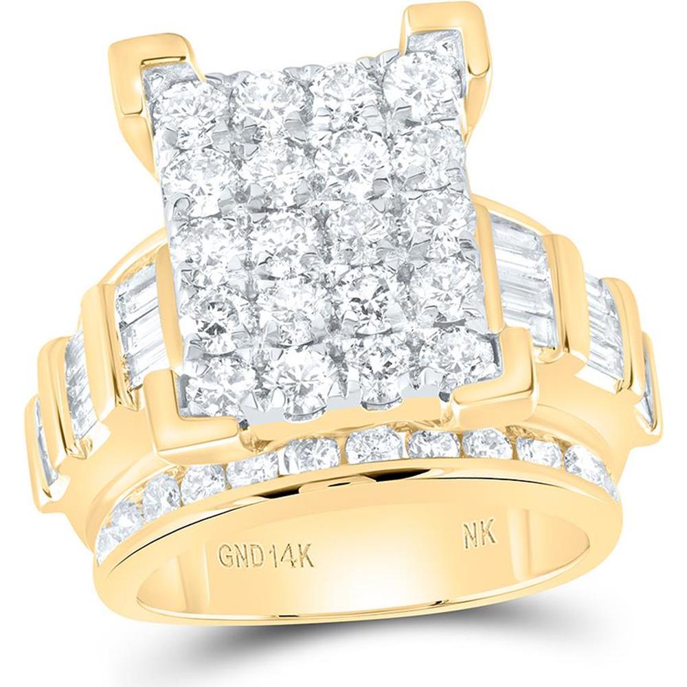 14K Yellow Gold Round Diamond Cluster Bridal Engagement Ring with Pave, Channel, and Baguette Diamonds - 4.00 Carat Total Diamond Weight