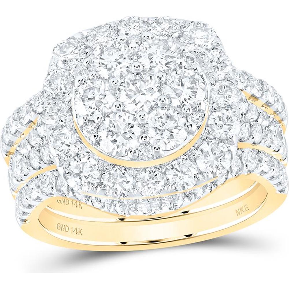14K Yellow Gold Round Diamond Cluster Bridal Wedding Ring Set - 3 Carat Total Diamond Weight