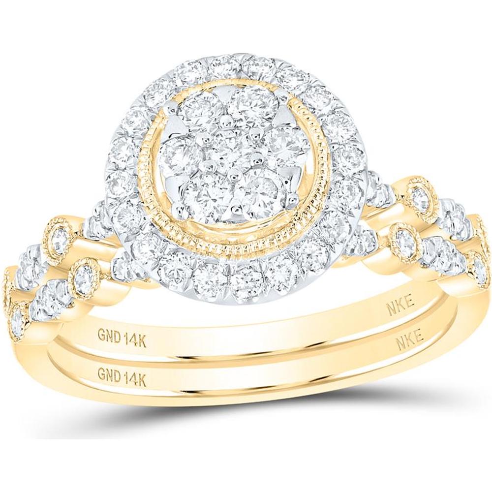 14K Yellow Gold Round Diamond Cluster Bridal Wedding Ring Set with Halo - 3/4 Carat Total Diamond Weight