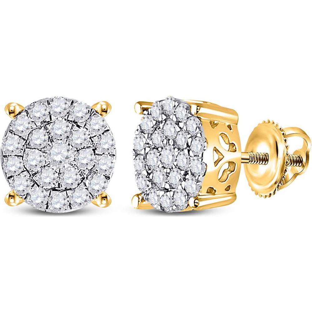 14K Yellow Gold Round Diamond Cluster Earrings - 1 Carat Total Diamond Weight