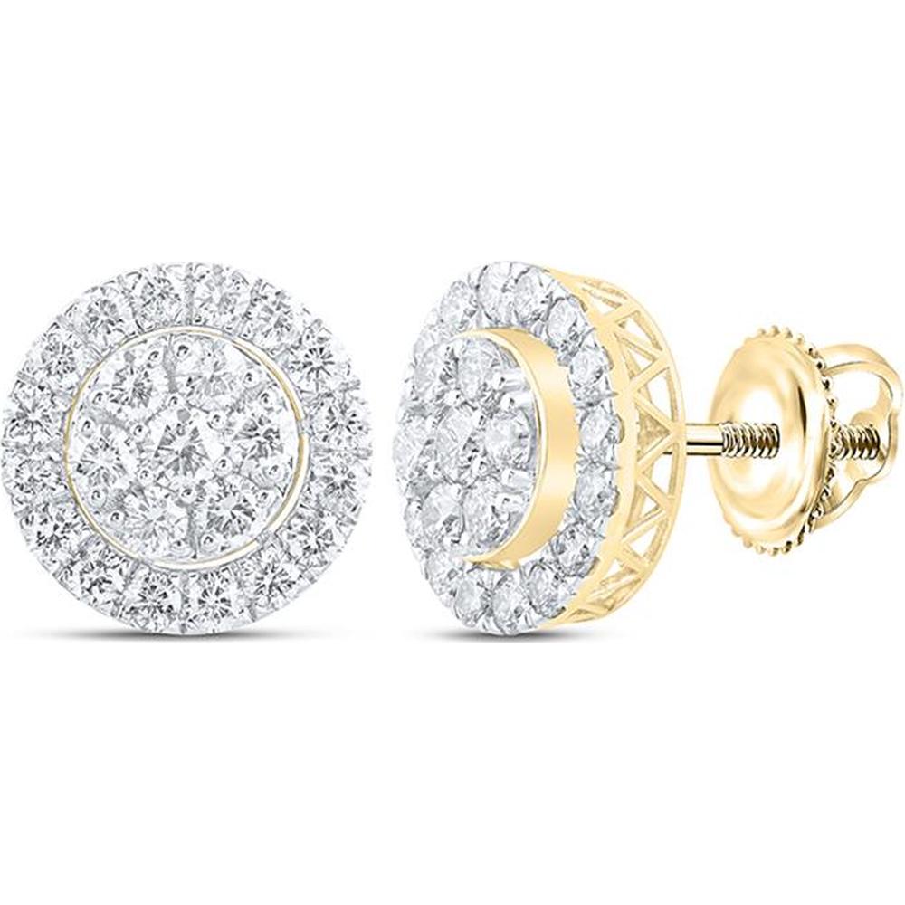 14K Yellow Gold Round Diamond Cluster Earrings with 3-3/8 Carat Total Diamond Weight