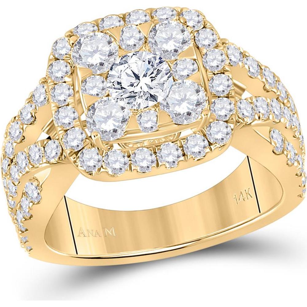 14K Yellow Gold Round Diamond Cluster Engagement Ring - 3 Carat Total Weight